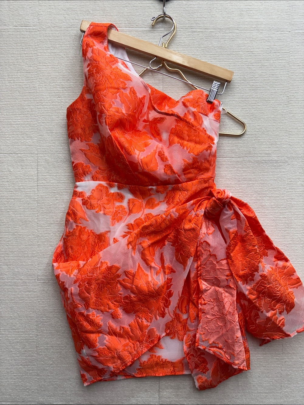 Showpo One-Shoulder Floral Jacquard Dress in Bright Orange